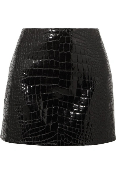 Shop Versace Glossed Croc-effect Leather Mini Skirt In Black
