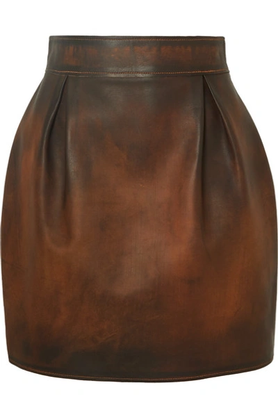 Shop Versace Pleated Antiqued-leather Mini Skirt In Brown