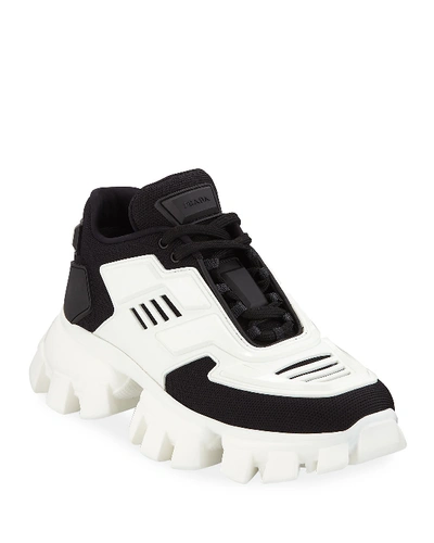 Shop Prada Tech Caged Lace-up Chunky Sneakers In Black/white