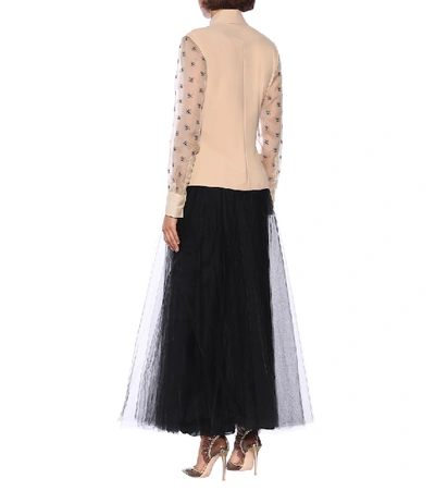 Shop Fendi Embroidered Jersey And Tulle Shirt In Beige