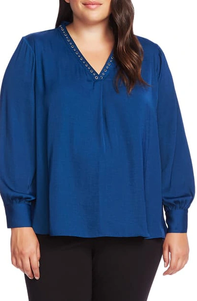 Shop Vince Camuto Studded Satin Top In Deacon Blue
