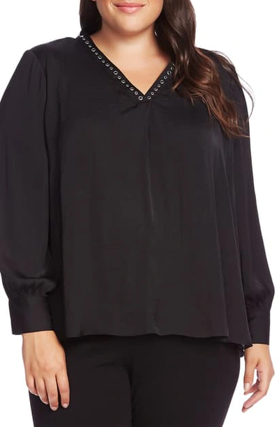 Shop Vince Camuto Studded Satin Top In Rich Black