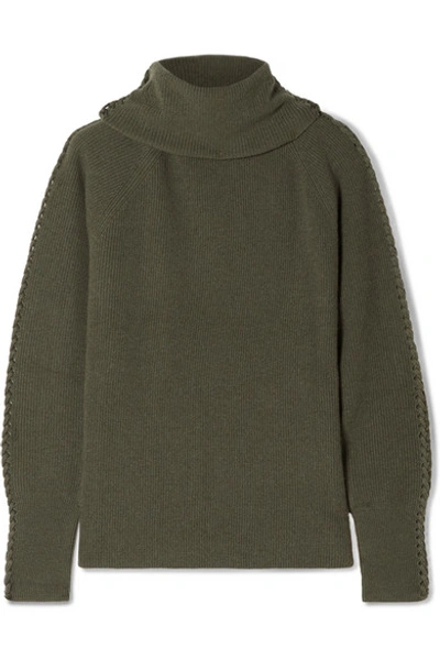 Shop Altuzarra Shakti Braid-trimmed Ribbed Cashmere Turtleneck Sweater In Army Green