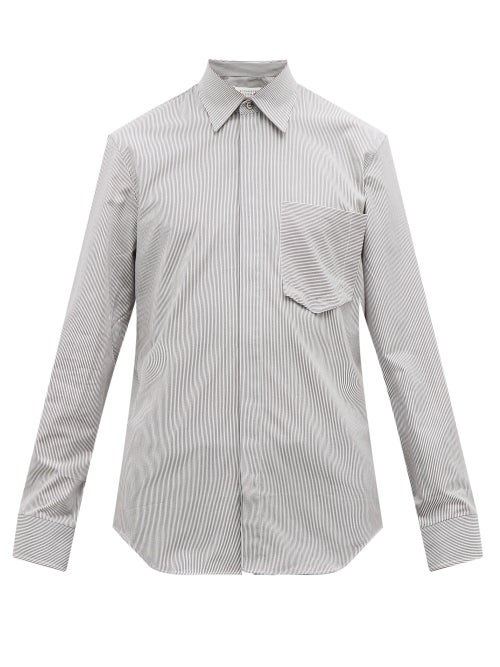 Maison Margiela Chest Pocket Striped Cotton Poplin Shirt In Dark Grey ...