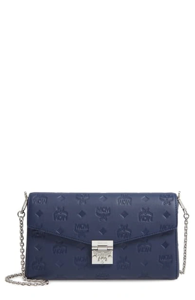 Shop Mcm Millie Medium Calfskin Leather Wallet On A Chain In Navy Blue
