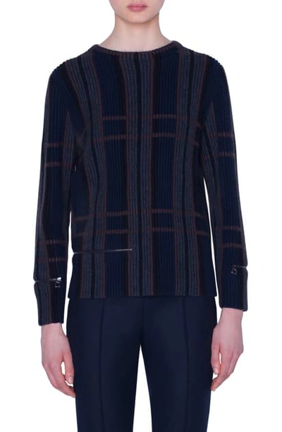 Shop Akris Zip Detail Plaid Jacquard Cashmere & Silk Sweater In Navy-multicolor