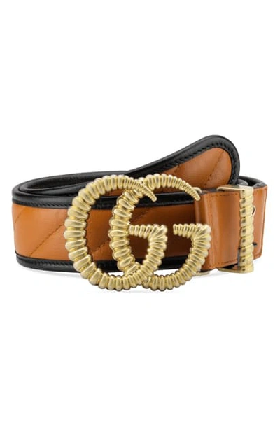 Shop Gucci Logo Buckle Matelasse Leather Belt In Cognac/ Nero