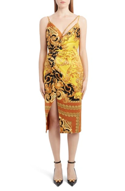 Shop Versace Barco Print Chain Detail Silk Dress In Yellow