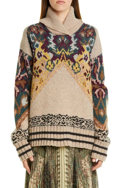 Shop Etro Shawl Collar Intarsia Sweater In Beige