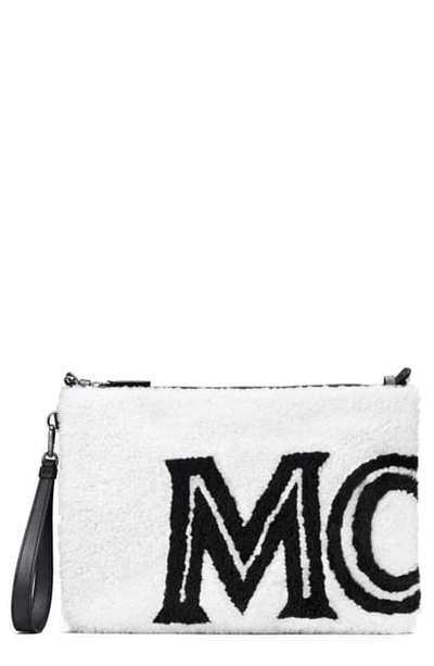 Shop Mcm Contrast Logo Genuine Shearling Zip Pouch In Cloud Dancer