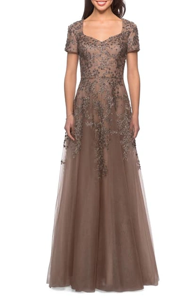 Shop La Femme Embellished Tulle A-line Gown In Cocoa