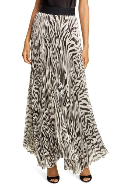 Shop Alice And Olivia Katz Animal Print Pleated Silk Blend Maxi Skirt In Tiger Soft White/ Black