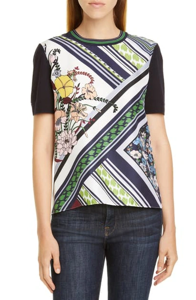 Shop Tory Burch Silk Front Short Sleeve Sweater In Navy/ Homage To The Flower