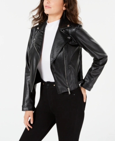 Shop Guess Rosetta Viper Faux-leather Moto Jacket In Jet Black Multi