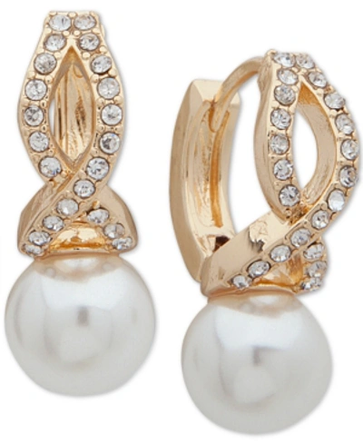 Anne Klein Gold-tone Imitation Pearl And Crystal Huggie Drop Earrings In Pearl