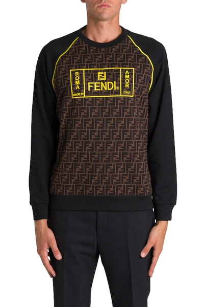 Shop Fendi Felpa Girocollo Ff Allover Con Maniche Plain E Logo A Contrasto Ricamato Giallo In Marrone