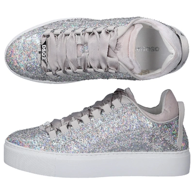 Shop Dsquared2 Low-top Sneakers 551 Laminated Glitter Fabric Glitter Logo Silver In Grey