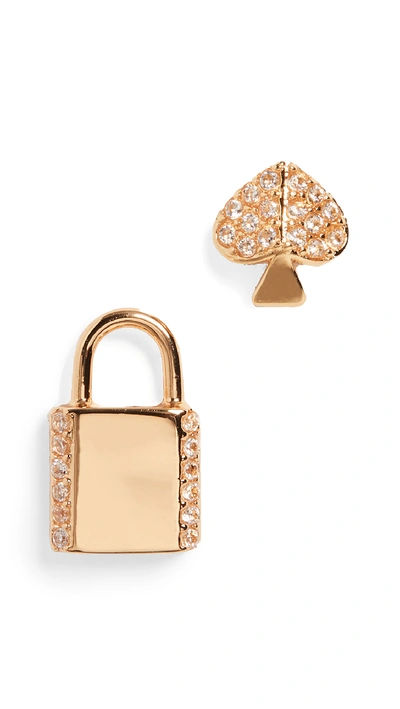 Shop Kate Spade Pave Asymmetrical Lock Studs In Clear/gold