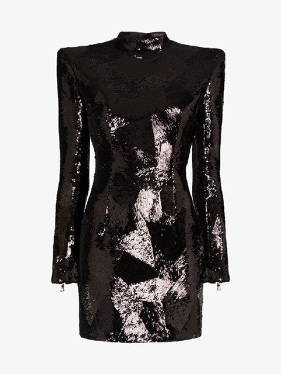 Shop Balmain Padded Shoulder Sequin Mini Dress In Black