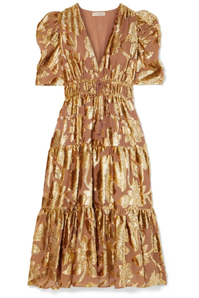 Shop Ulla Johnson Loretta Tiered Devoré-chiffon Midi Dress In Gold