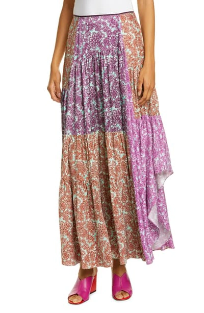 Shop Amur Scout Pleated Floral Silk Maxi Skirt In Mint/ Purple Multi