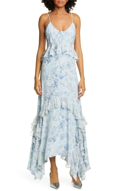 Shop Amur Promise Floral Print Silk Maxi Dress In Icy Blue
