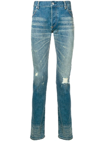Shop Balmain Cotton Jeans With Cracks In Blue