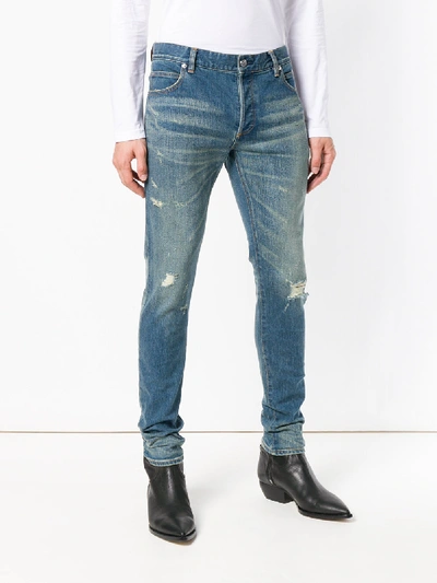 Shop Balmain Cotton Jeans With Cracks In Blue