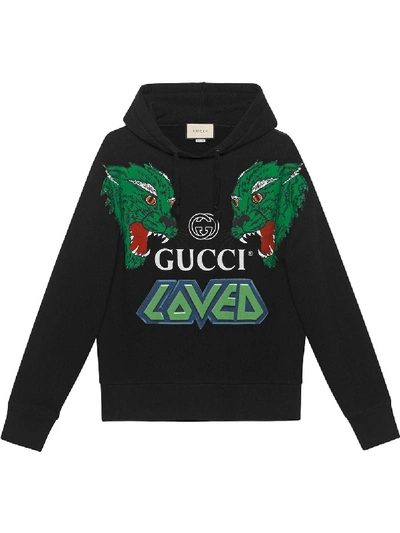 Shop Gucci Tiger Print Cotton Hooded Sweatshirt In Black