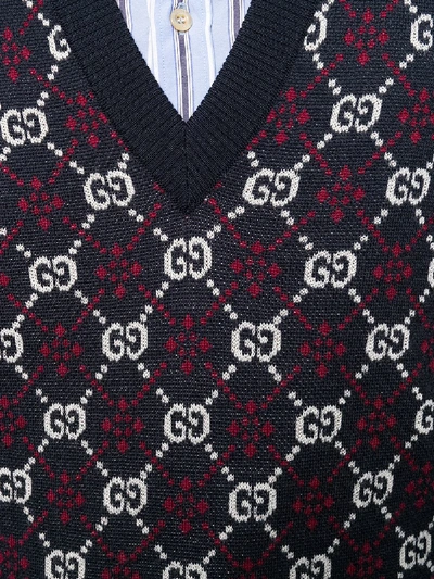 Shop Gucci Logo Print Wool V Neck Sweater In Blue