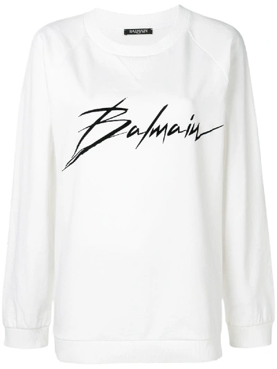 Shop Balmain Cotton Sweatshirt With Logo Print In White