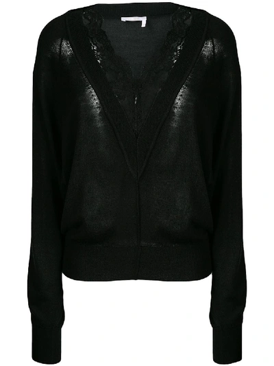 Shop Chloé Lace Embellished V-necked Sweater In Black