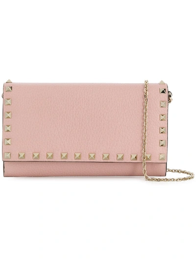 Shop Valentino Rokcstud Leather Wallet On Chain In Pink