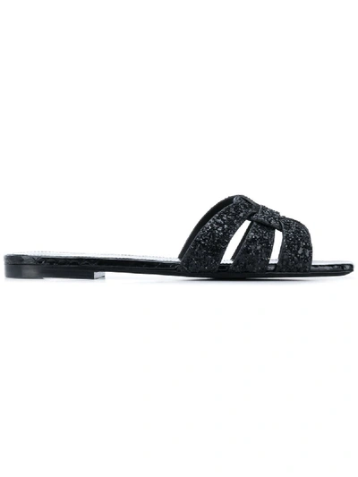 Shop Saint Laurent Nu Pieds Glittered Leather Flat Sandals In Black