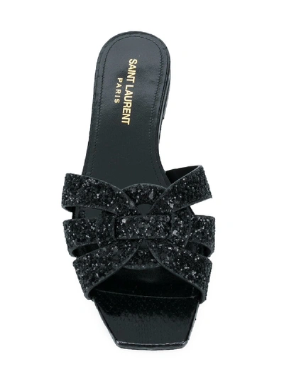 Shop Saint Laurent Nu Pieds Glittered Leather Flat Sandals In Black