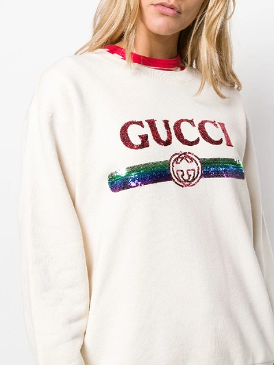 Shop Gucci Sequin Logo Sweatshirt In White