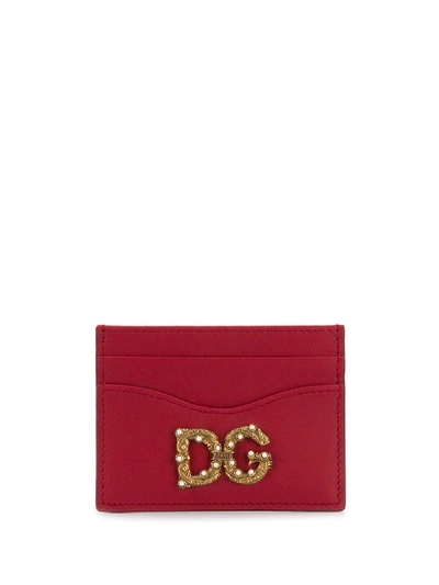 Shop Dolce & Gabbana Leather Credit Card Holder With Dg Logo In Red