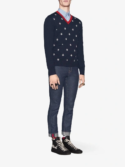 Shop Gucci V Neck Wool Sweater With Bees And Stars In Blue