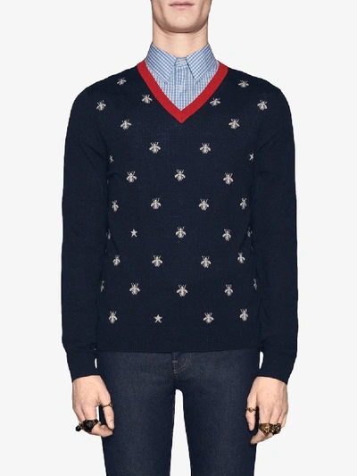 Shop Gucci V Neck Wool Sweater With Bees And Stars In Blue