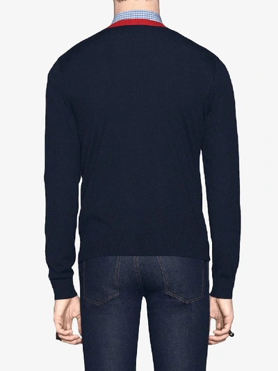 Shop Gucci V Neck Wool Sweater With Bees And Stars In Blue