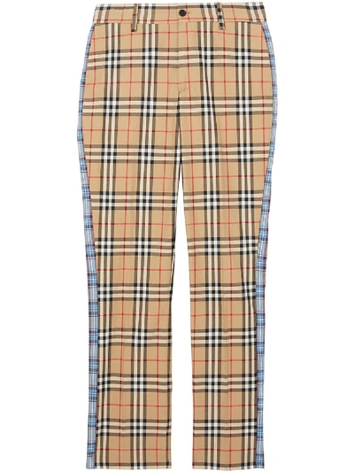 Shop Burberry Checked Cotton Trousers In Beige