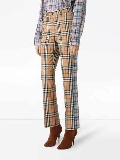 Shop Burberry Checked Cotton Trousers In Beige