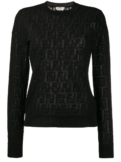 Shop Fendi Cotton Blend Jacquard Knit Ff Logo Sweater In Black