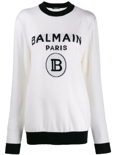 Shop Balmain Logo Cotton Sweater In White