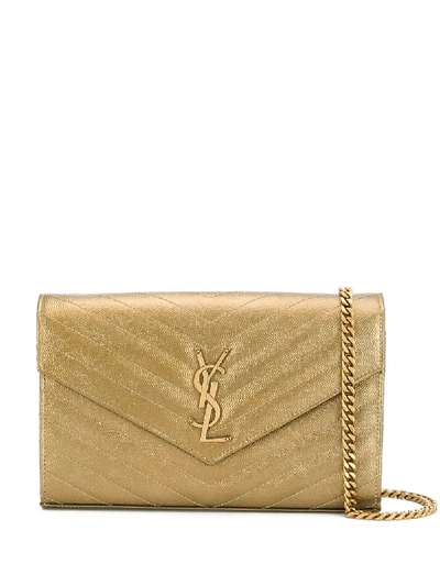Shop Saint Laurent Monogram Envelope Leather Wallet On Chain In Gold