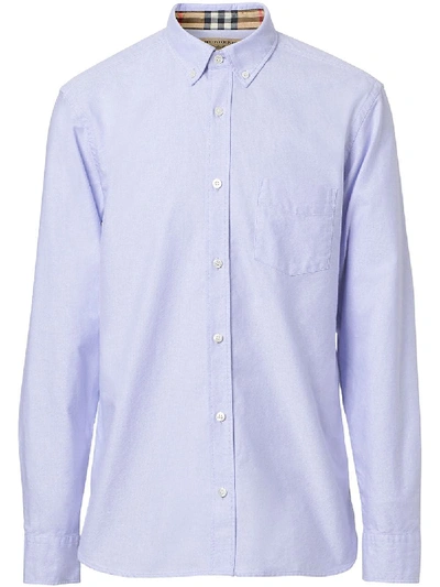 Shop Burberry Check Cuff Cotton Oxford Shirt In Blue