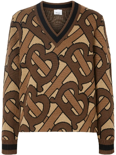 Shop Burberry Wool V-necked Jumper In Brown