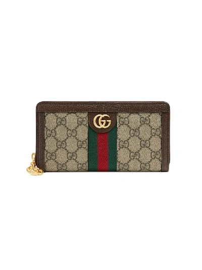 Shop Gucci Ophidia Leather Zip Around Wallet In Brown