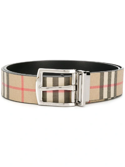 Shop Burberry Leather Belt With Check Motif In Beige