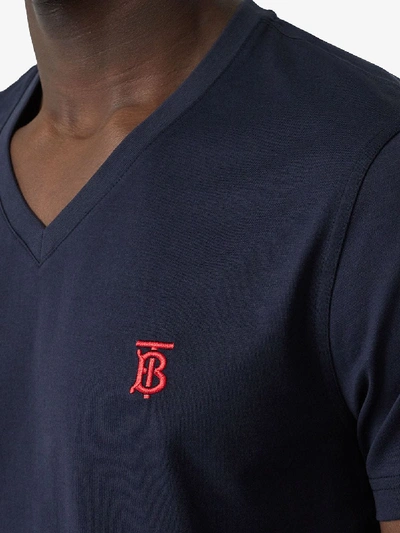 Shop Burberry V Neck T-shrit With Monogram Logo In Blue